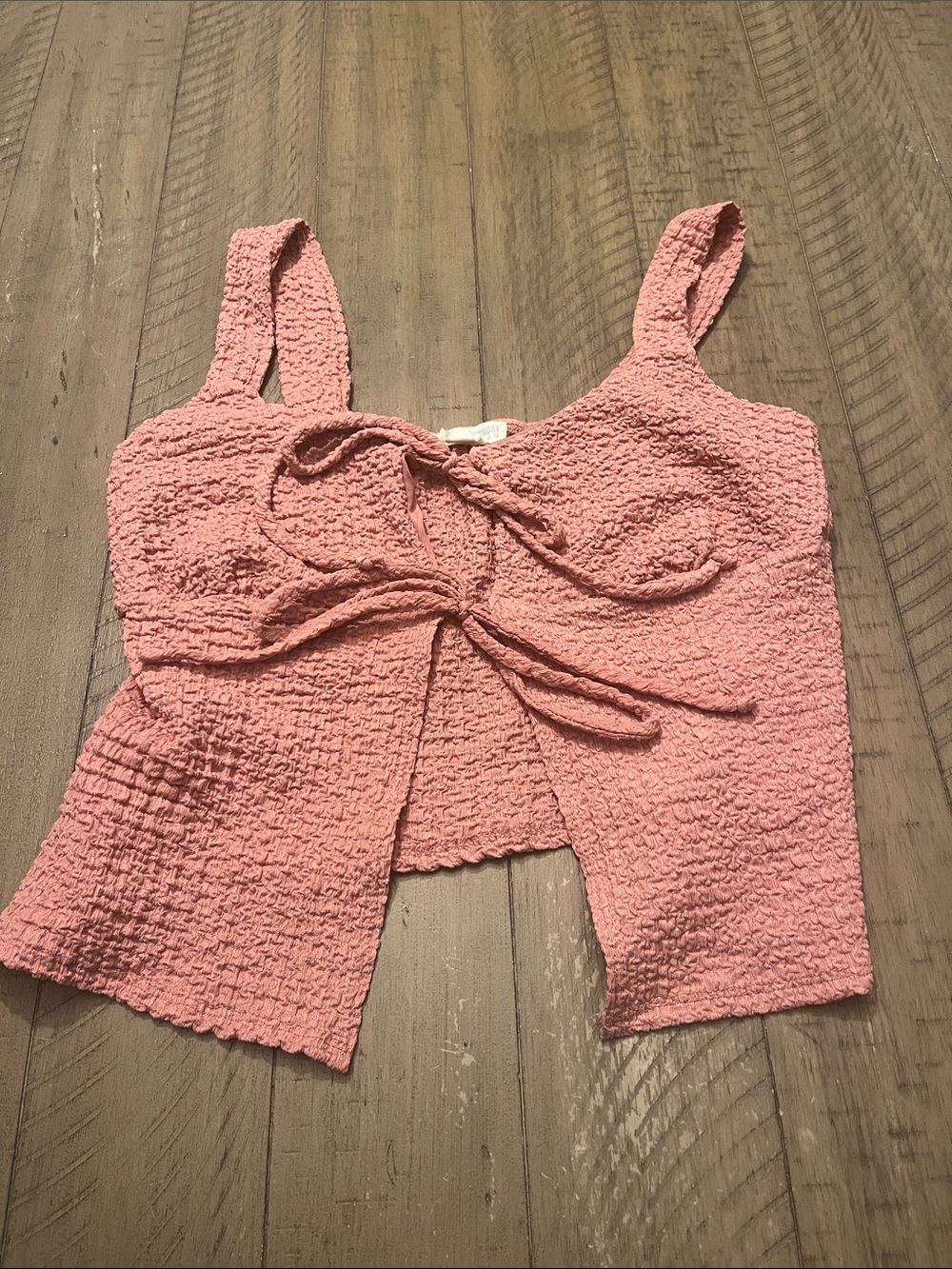 See You Monday Rose Pink Crinkle Tie-Front Crop Top
